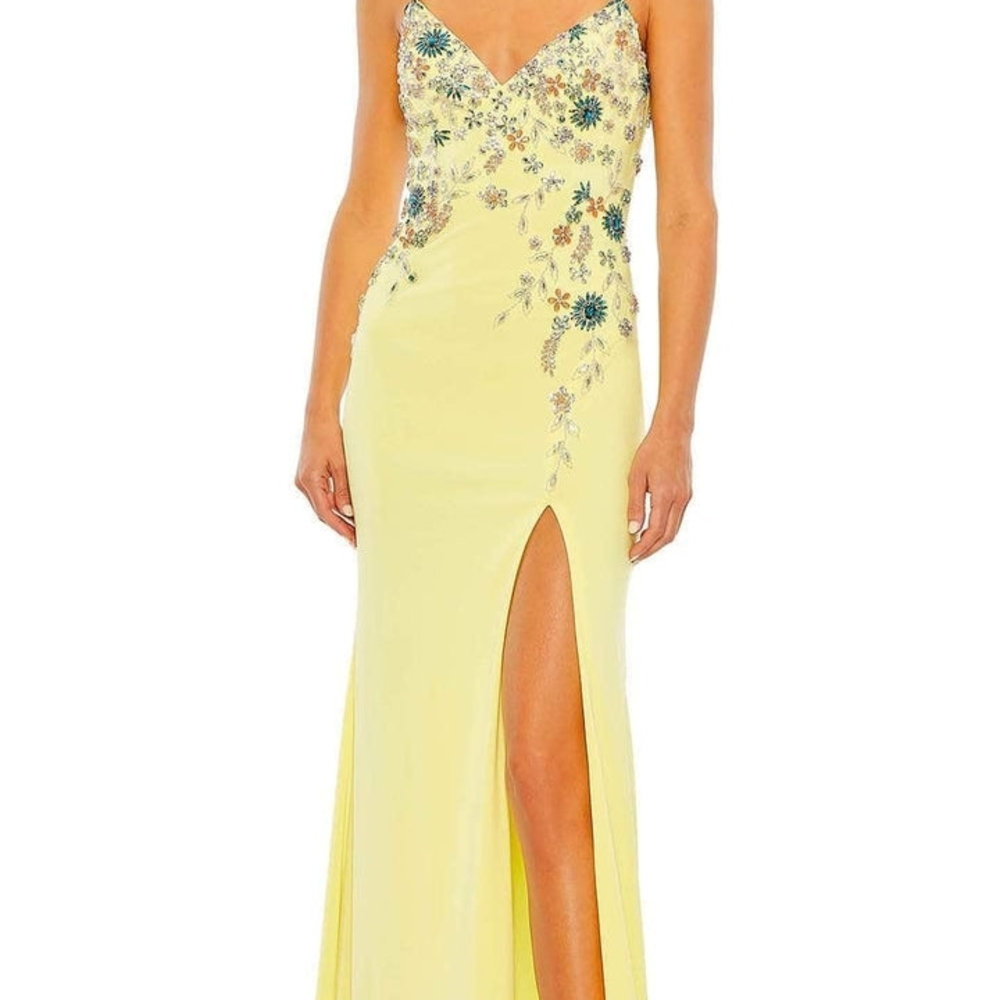 Mac Duggal Lemon Yellow Floral-Embellished Prom Gown with Thigh Slit